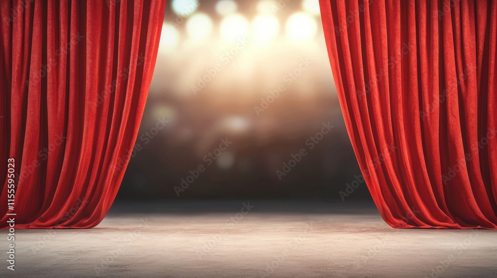 Poster classic theater stage with red curtains drawn, creating inviting atmosphere for performance. soft li