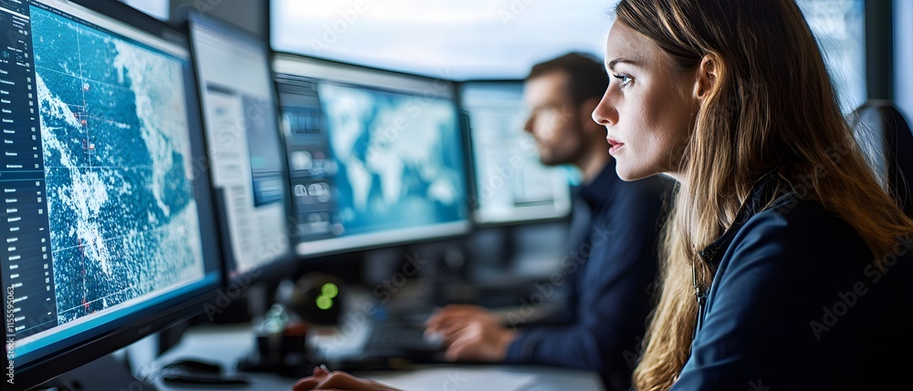 Aufkleber focused professionals analyze data on multiple screens in a modern workspace. the environment showca