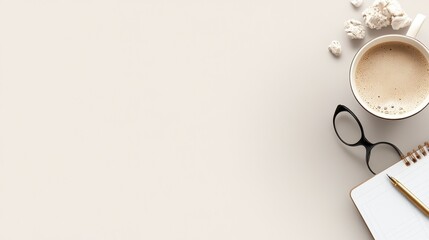 Flat lay of coffee, glasses, notepad, and pen on beige background.