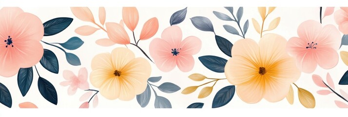 A vibrant floral design featuring soft pink and yellow flowers alongside green leaves on a light background.