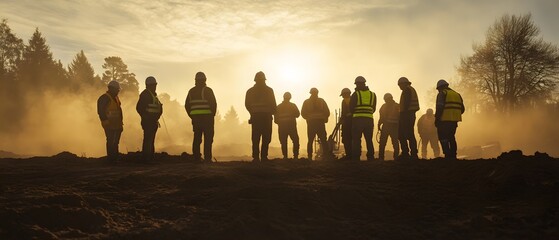 Silhouetted workers stand against a misty sunset, embodying teamwork and dedication on a construction site. Their presence highlights resilience and the spirit of industry.