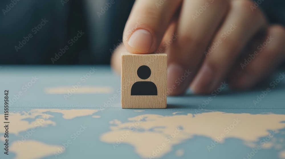 Poster hand places wooden block with person symbol on world map, symbolizing connection and global interact