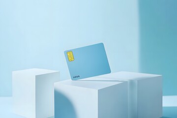 A light blue credit card floating on top of three white pedestals, rendered, with a white background