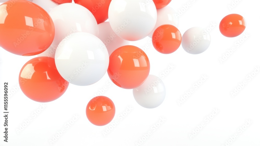 Poster a vibrant arrangement of orange and white spheres floating against a clean, white background, creati