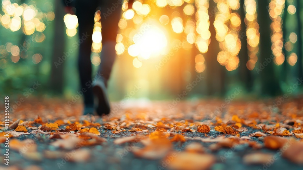Poster person walking on forest path covered with autumn leaves, illuminated by soft sunlight filtering thr