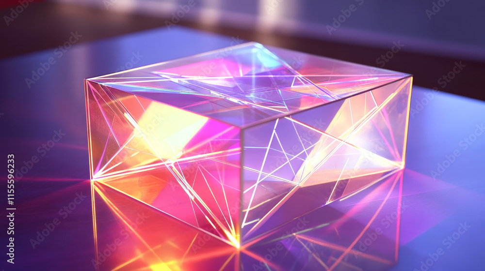 Poster a hologram box. a box of polygons, triangles of points and lines. the box is a low-poly connection s