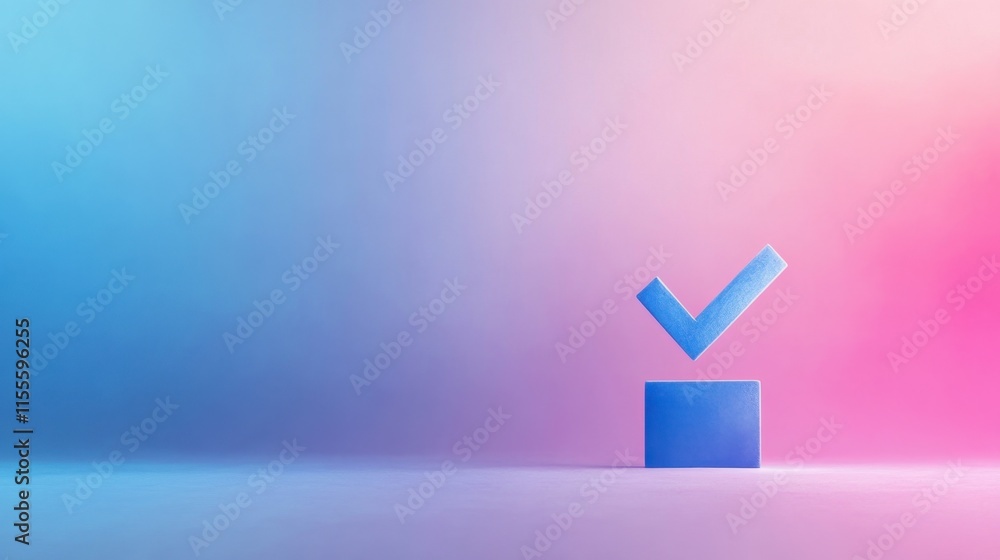 Poster a blue checkmark rests on a square block against a gradient background of pink and blue hues, symbol