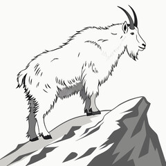 A stunning digital artwork of a mountain goat perched at the tip of a rugged mountain peak.