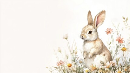 Cute bunny rabbit sitting amidst wildflowers.