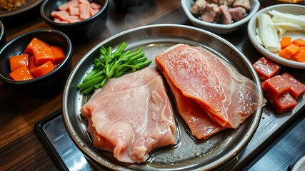 Premium frozen raw pork on a plate in Korean traditional style, with fresh pork beef belly BBQ and Japanese meat hot pot for a delicious restaurant barbecue experience, premium, barbecue
