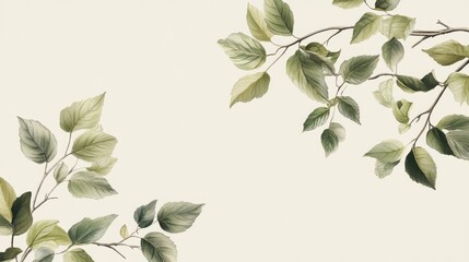 Watercolor painting of green leaves on branches, creating a frame on a beige background.