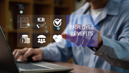 Employee Benefits and Compensation Strategy Concept. Employee benefits options on digital...