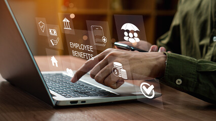 Employee Benefits and Compensation Strategy Concept. Employee benefits options on digital...