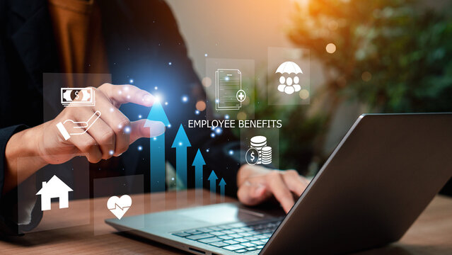 Employee Benefits and Compensation Strategy Concept. Employee benefits options on digital interface. Icons various benefits such as healthcare, insurance, travel, awards, and financial perks.