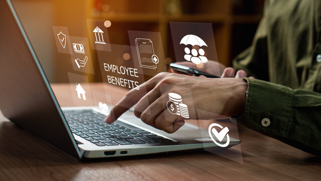 Employee Benefits and Compensation Strategy Concept. Employee benefits options on digital interface. Icons various benefits such as healthcare, insurance, travel, awards, and financial perks.