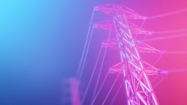 A vibrant electric tower illuminated by pink and blue lights, capturing the essence of modern energy infrastructure against a colorful backdrop.