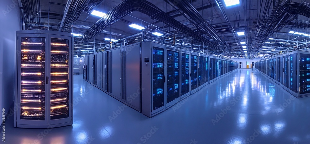 Poster a panoramic view of a modern data center with server racks and cooling units.