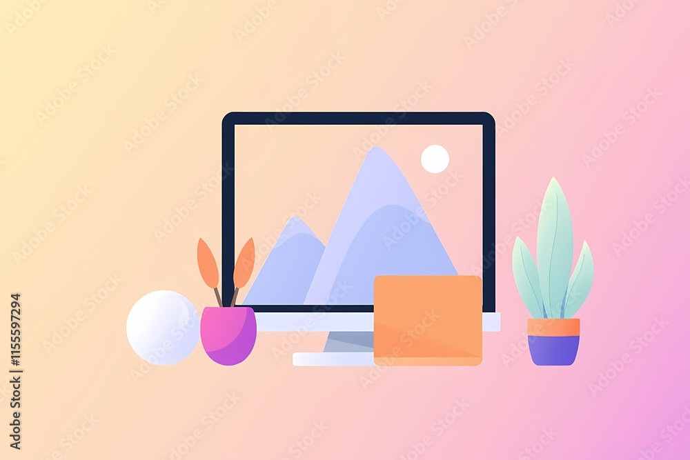Poster serene workspace: a minimalist illustration of a desktop computer displaying a calming landscape, ac