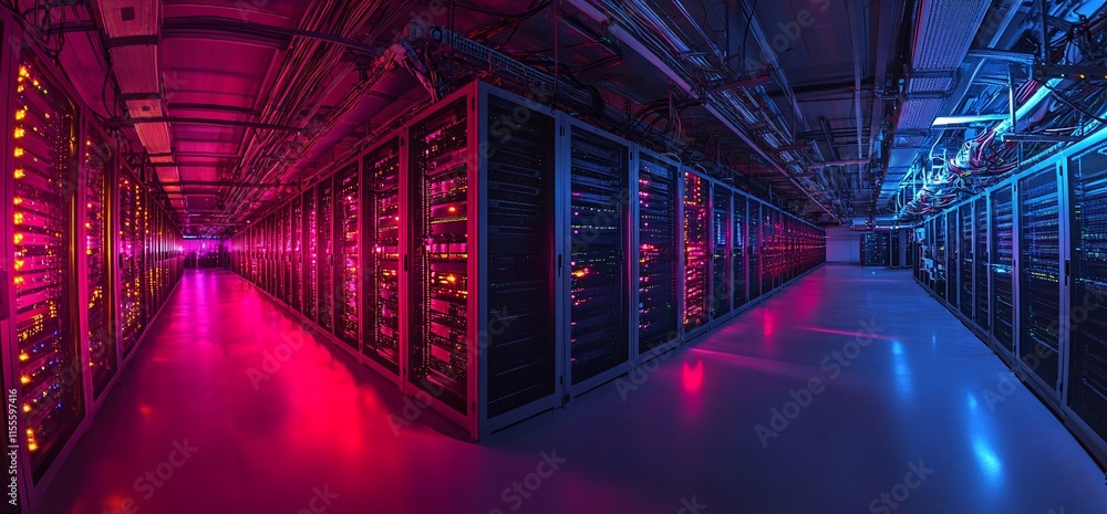 Poster a panoramic view of a high-tech data center illuminated in vibrant colors.