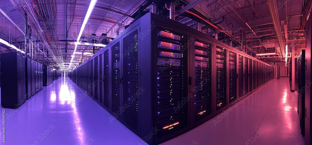 Aufkleber a panoramic view of a modern data center filled with server racks.