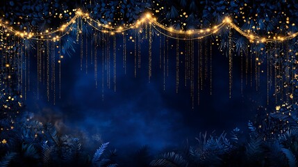 Elegant golden lights on garlands casting warmth on a velvety dark blue festive backdrop