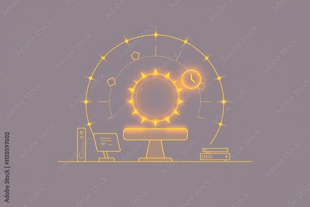 Poster time management system: a glowing gear, symbolizing productivity and efficiency, sits at the center 