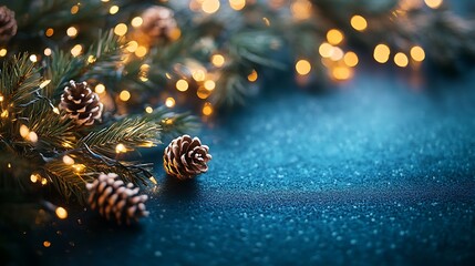 Soft glowing garland lights creating a magical holiday vibe over a deep blue festive background