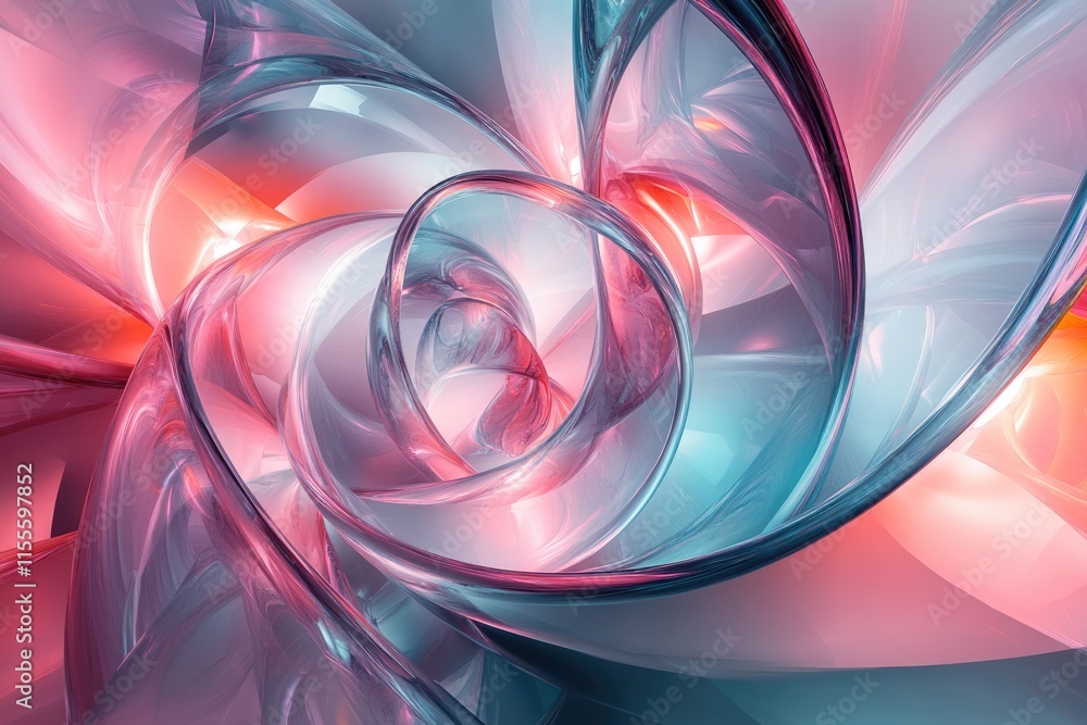 Poster abstract swirling glass forms in pink and teal, creating a mesmerizing and dynamic visual.