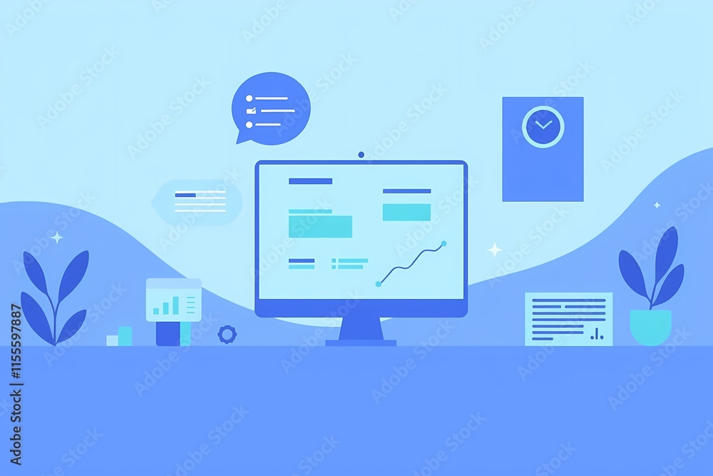 Poster modern workplace: an abstract illustration of a minimalist blue workspace with a computer displaying