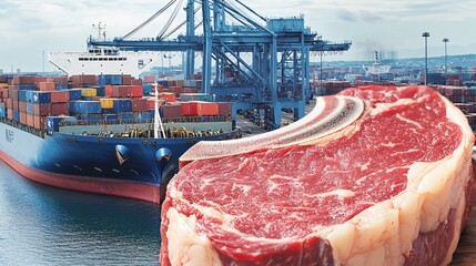 double exposure of a fresh cut of beef steak layered with an industrial shipping port, symbolizing the global trade of meat products. [Export products]:[Meat] 