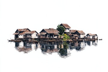 A flat 2D drawing of Cambodian floating houses with small boats and reflections on a calm lake, all set against a clean white backdrop