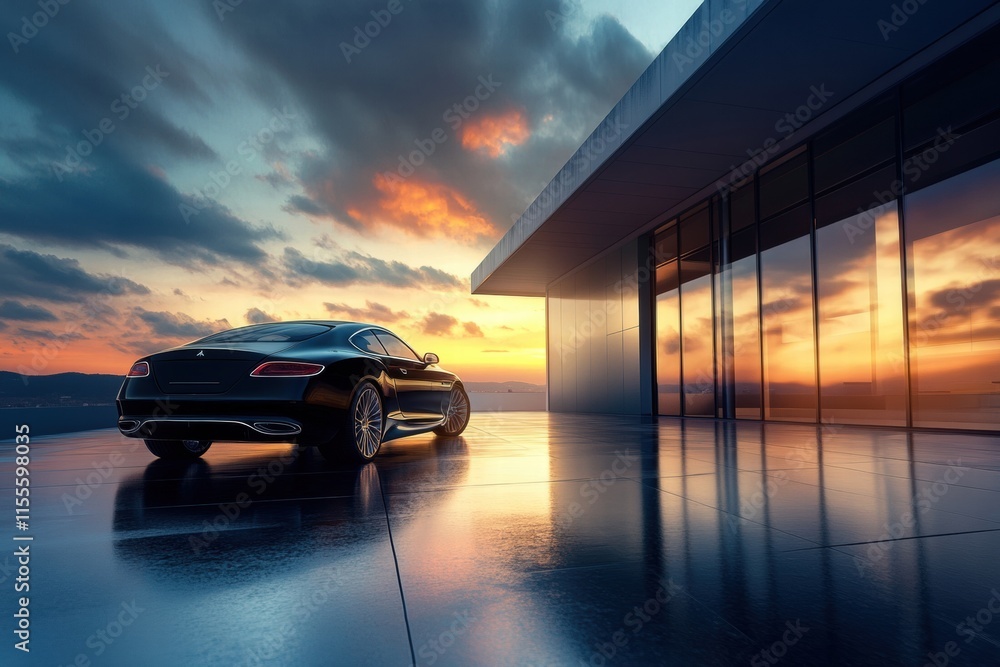 Aufkleber sleek luxury car parked at modern architectural building during sunset with vibrant clouds in the sk