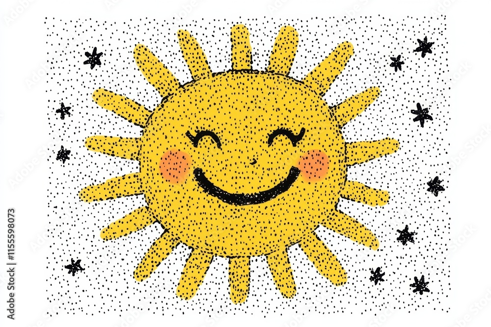 Poster a flat illustration of a smiling sun surrounded by cheerful rays and small glowing stars on a clean 