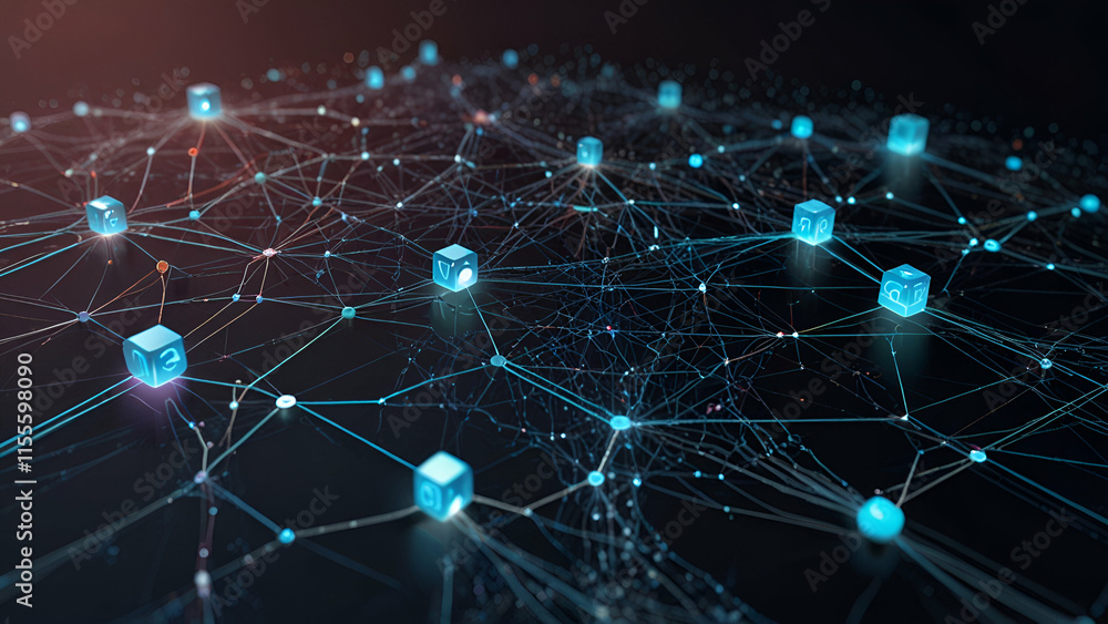 Poster abstract technology background featuring vibrant icons and dynamic lines, representing innovation an