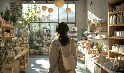 A person browsing a cozy shop filled with natural products and greenery.