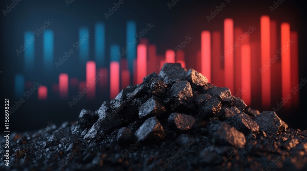 Poster a pile of coal in the foreground contrasts with colorful rising and falling bar graphs in the backgr