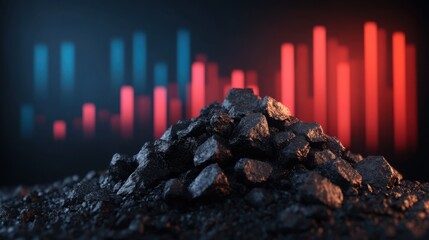 A pile of coal in the foreground contrasts with colorful rising and falling bar graphs in the background, symbolizing energy markets and economic trends.
