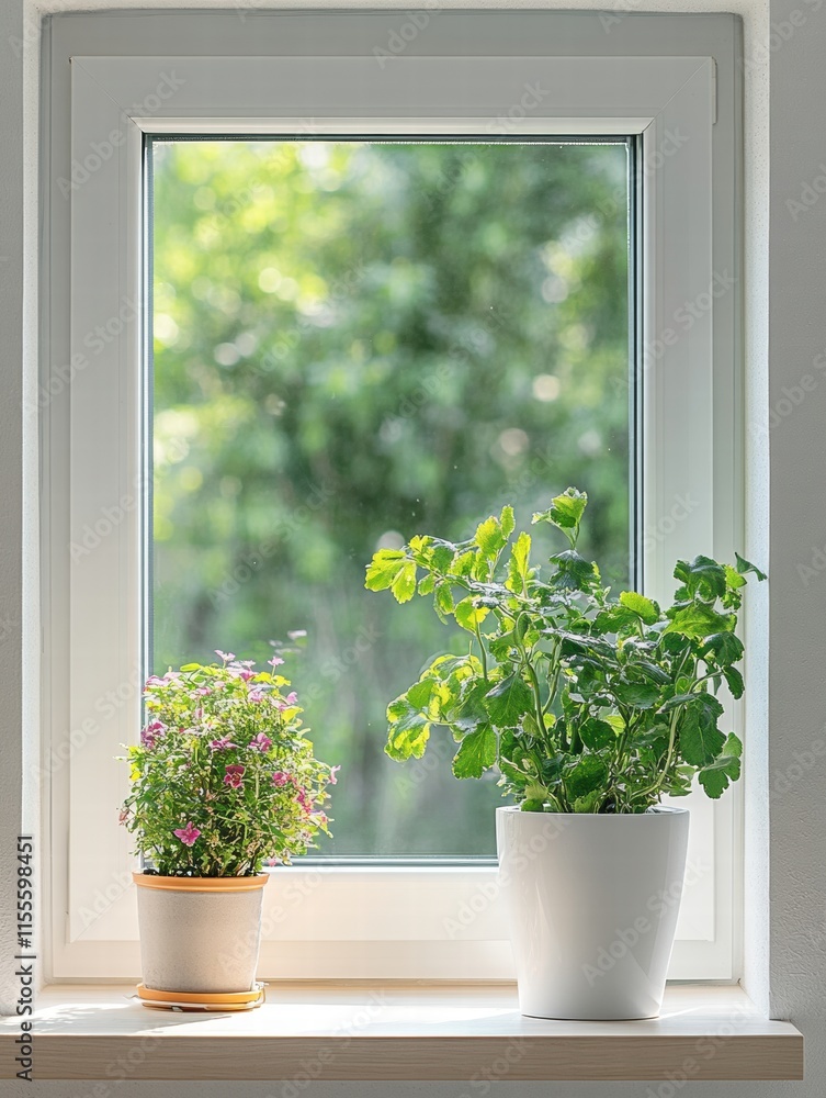 Poster bright garden view through a window with thriving plants and a fresh green atmosphere. generative ai