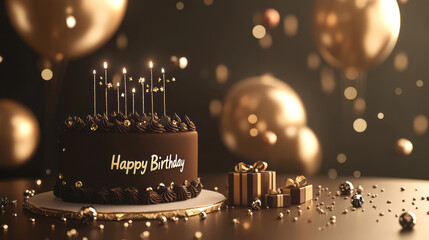 blurred mocha background with ballon and birthday present box and mocha colour cake