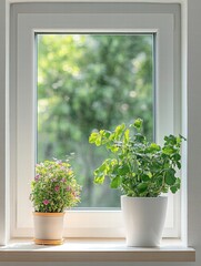 Bright garden view through a window with thriving plants and a fresh green atmosphere. Generative AI