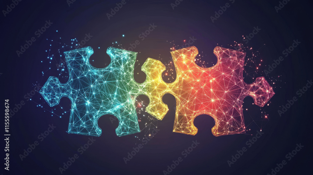 Poster hologram puzzle icon. a symbol of teamwork. a puzzle of polygons, triangles of dots and lines. the p