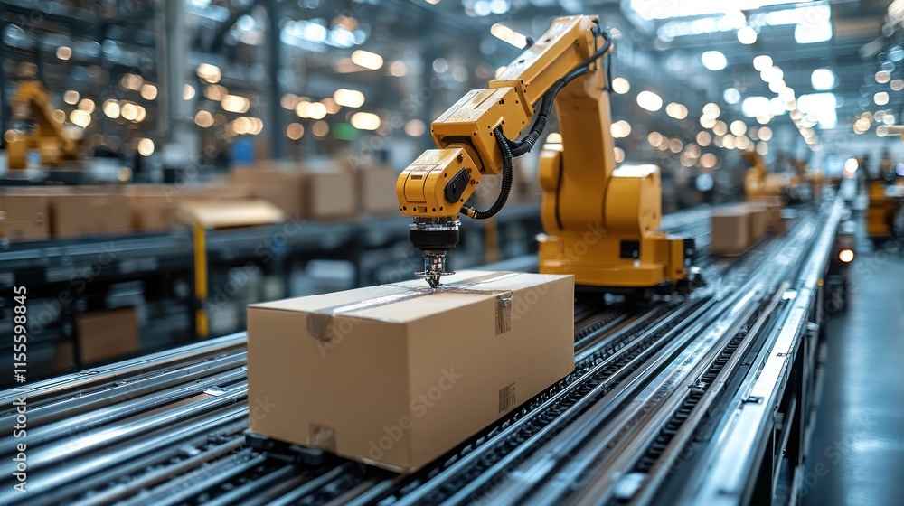 Poster automated factory production line: robotic arm handling cardboard box