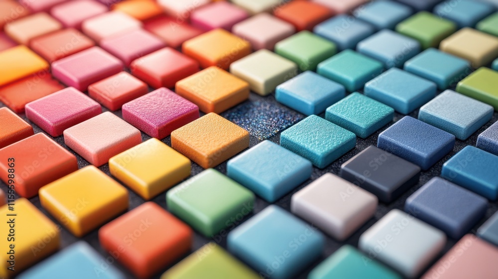 Poster a vibrant arrangement of colorful tiles in various shades, creating a visually appealing pattern and