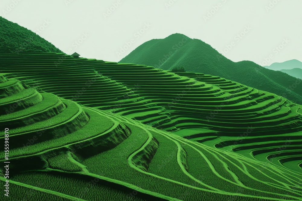Poster a geometric representation of a terraced rice field in laos, featuring clean shapes and gradient gre