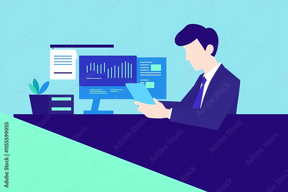 Poster focused on success: a minimalist illustration of a businessman analyzing data on his tablet at his d