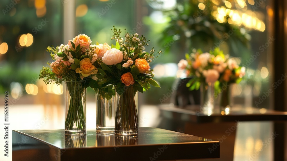 Poster stylish storefront display featuring elegant flower arrangements in glass vases during bright aftern