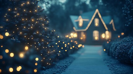 Subtle glowing garlands adding warmth to a serene dark blue holiday scene