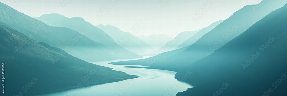 Leinwandbilder winding river flows through serene mountain range with ample space for text in minimalist design. ge