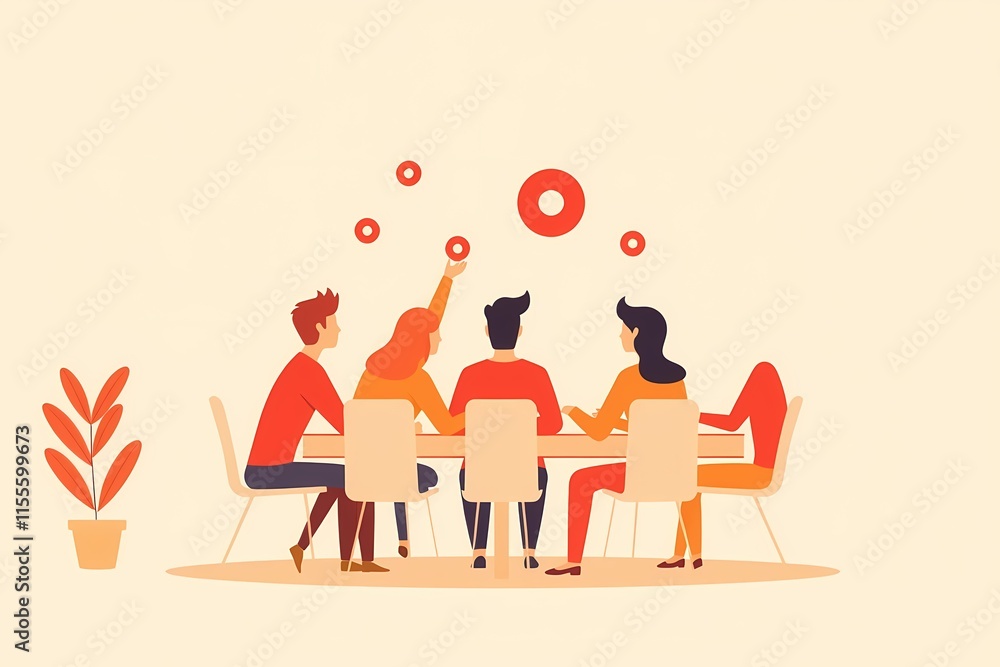 Poster team brainstorming session: illustration of a diverse team collaborating around a table, generating 