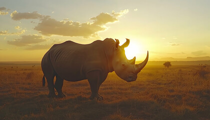 Naklejka premium Majestic white rhinoceros silhouetted against a vibrant African sunset, showcasing the beauty of wildlife and the power of nature.